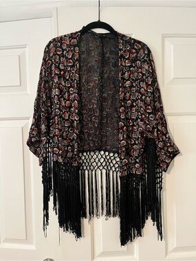 Boho Embroidered Floral, Fringe Kimono